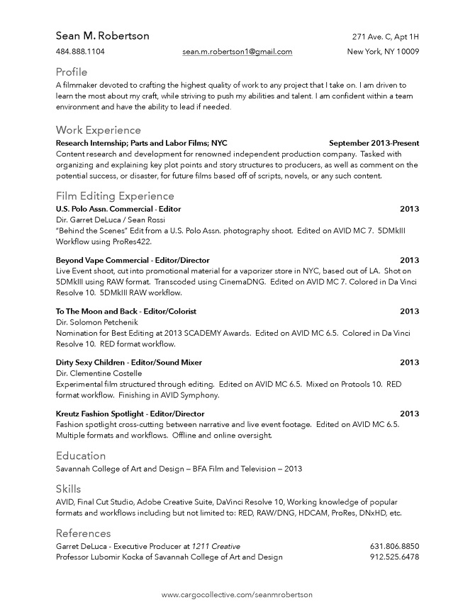 resume and editor s reel sean m robertson filmmaker